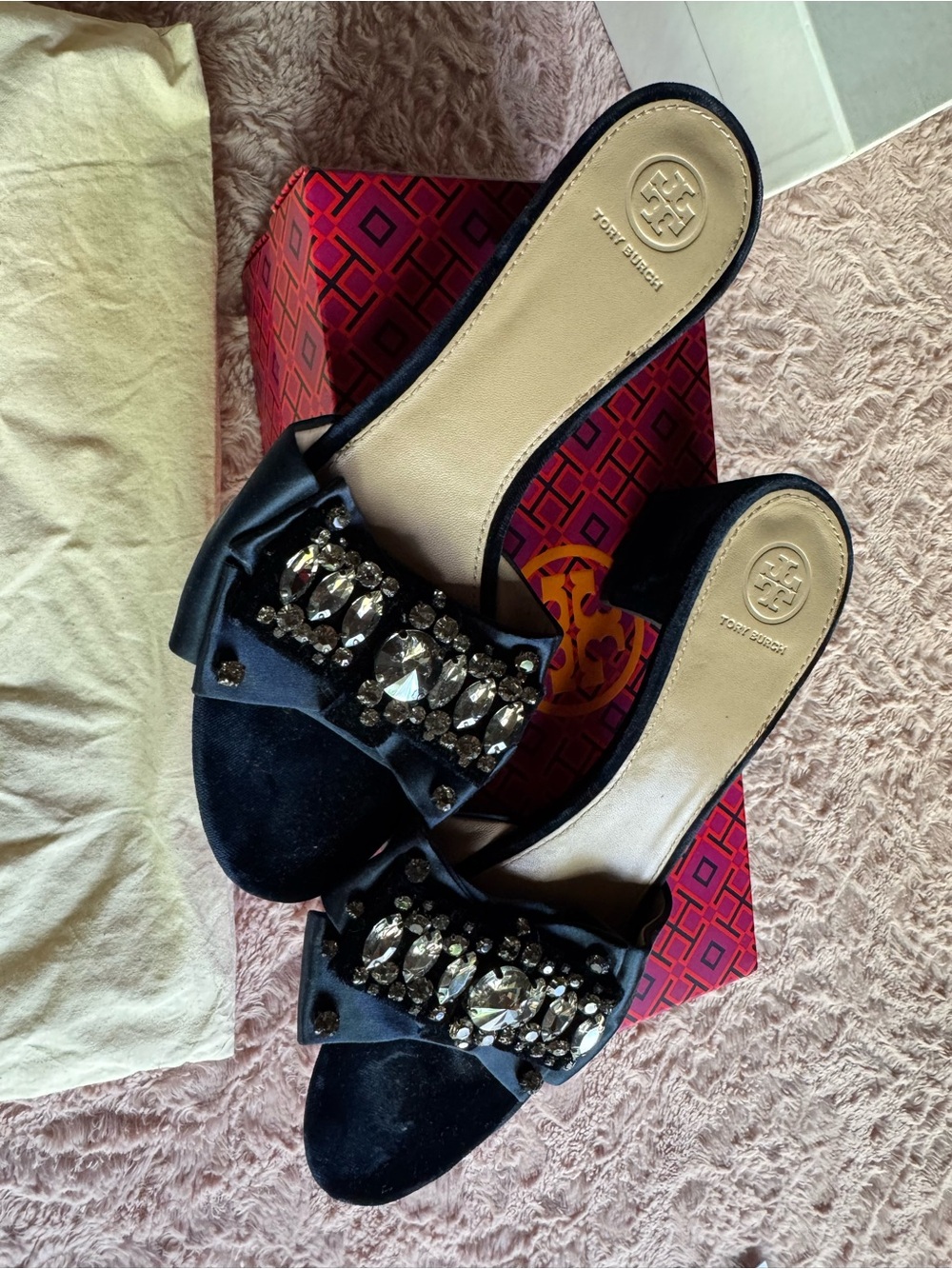 Tory Burch Black Jeweled Bow Slide Mules